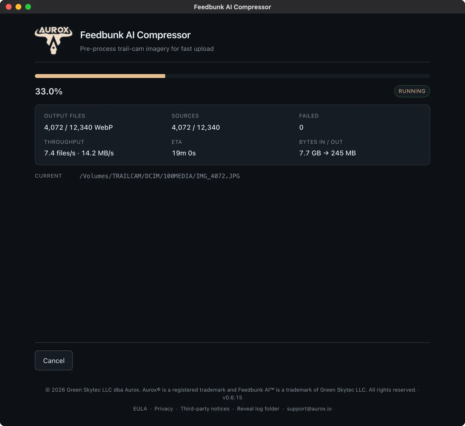 Desktop app compressing photos at 33 percent with live throughput and time-remaining stats