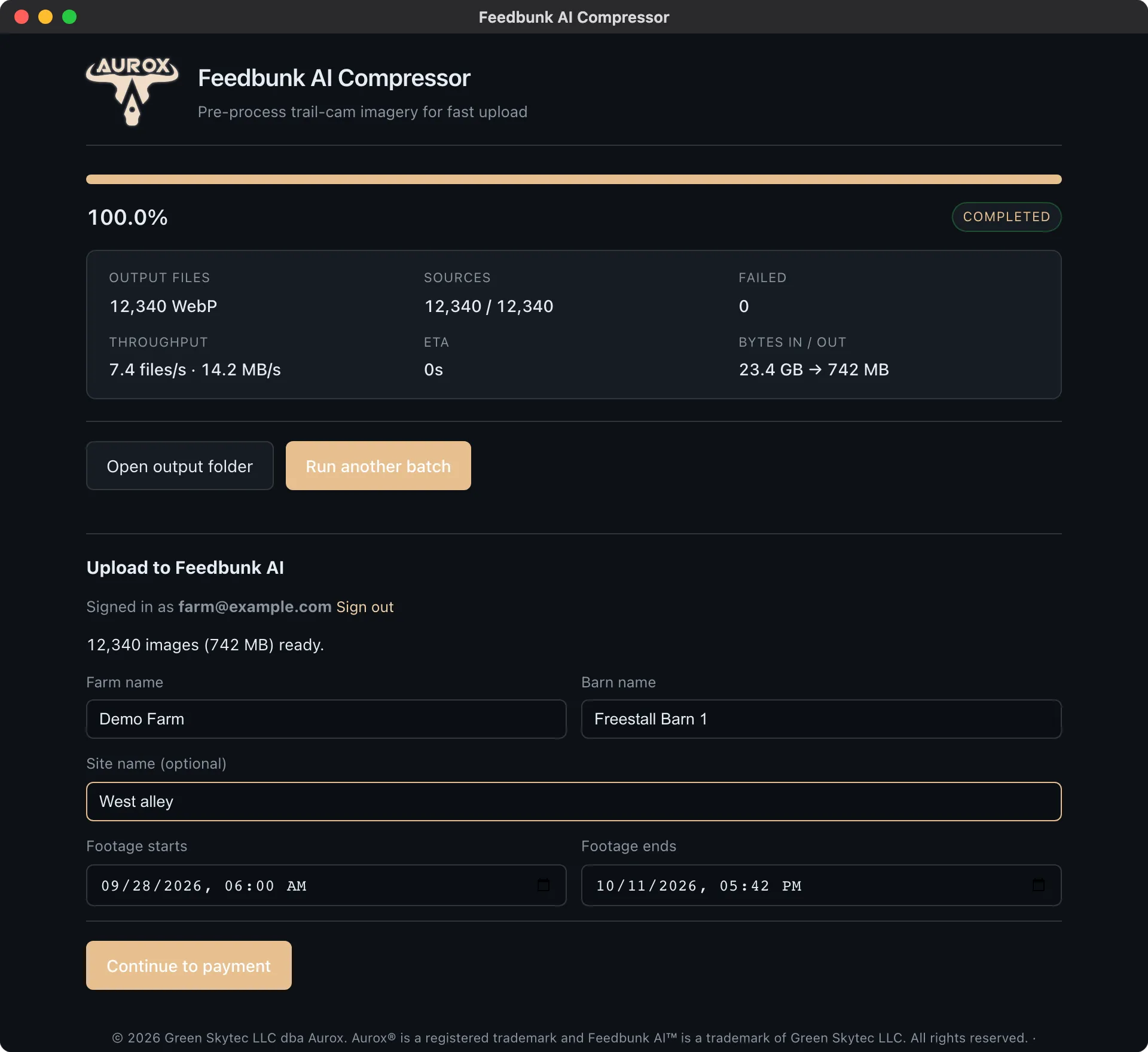 The upload panel signed in, with farm, barn and site names filled in and the footage dates prefilled
