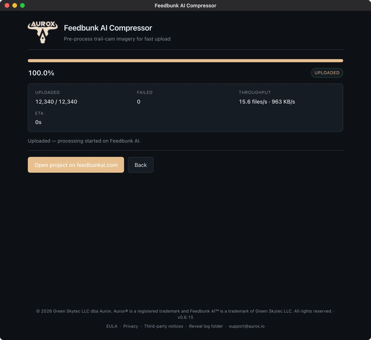Desktop app showing upload complete at 100 percent with an Open project on feedbunkai.com button