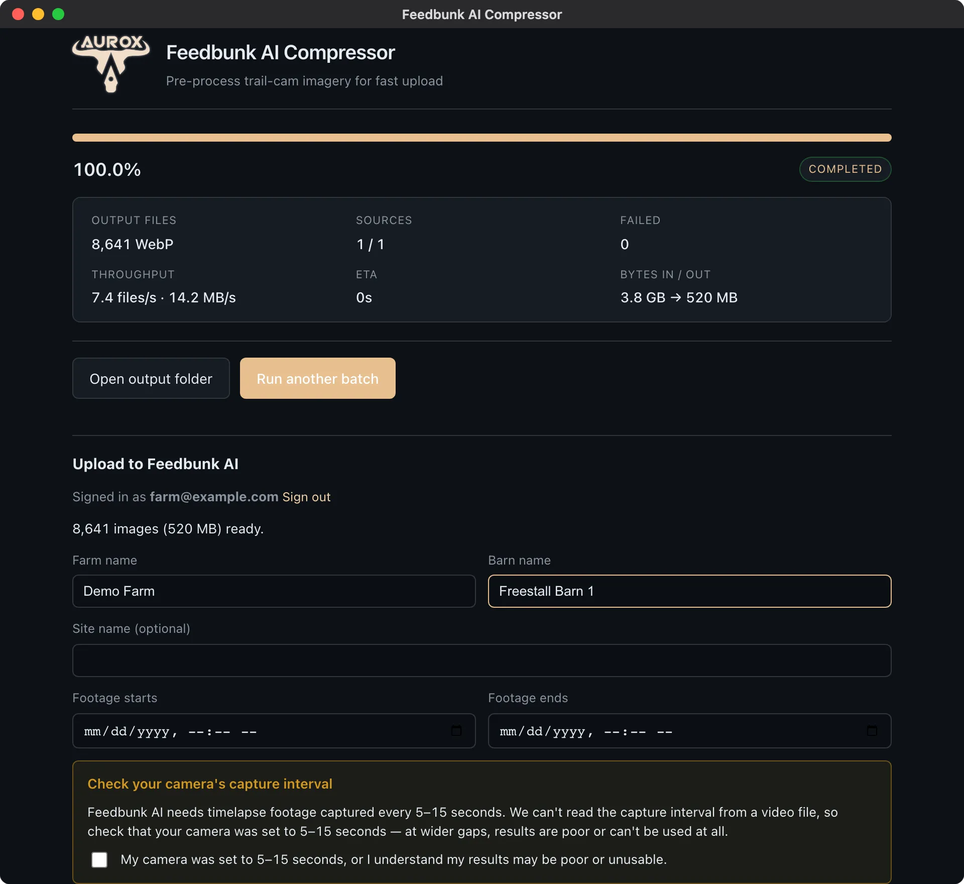 The Check your camera's capture interval box with its confirmation tickbox, shown for a video upload