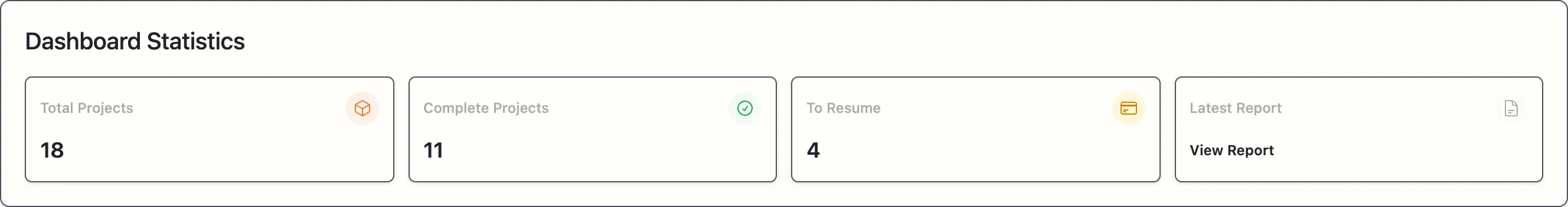The FeedBunk AI dashboard statistics: total projects, complete projects, to resume, and latest report