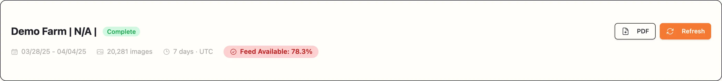 The report header showing the date range, image count, days recorded, and the Feed Available percentage