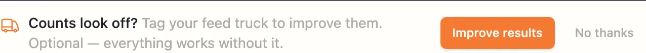 The prompt at the bottom of the Vehicle Activity Events card: Counts look off? Tag your feed truck to improve them